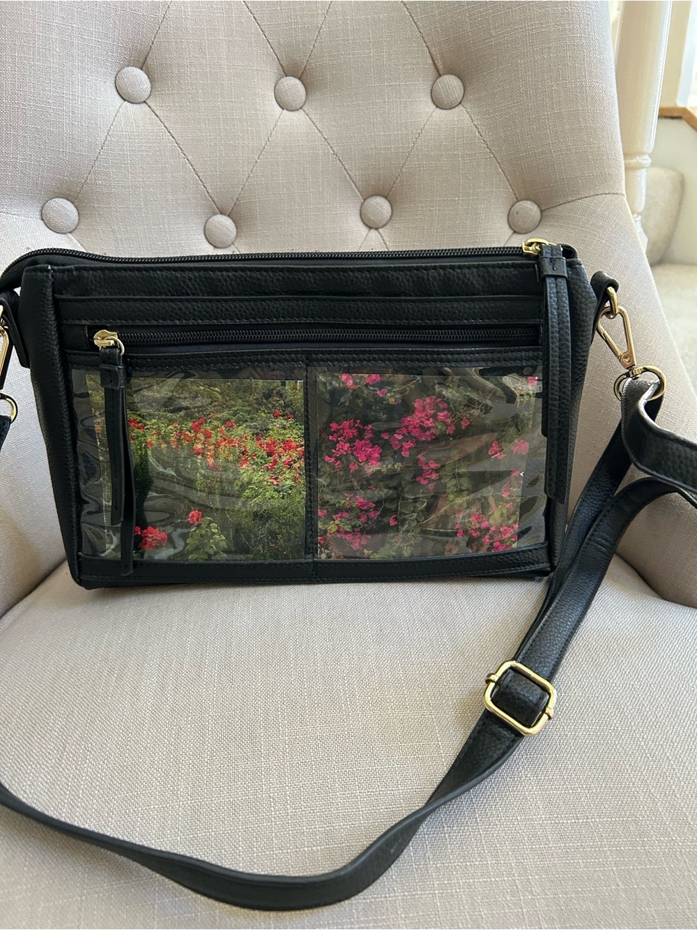 Black Clear-Front Crossbody Bag with Adjustable Strap and Gold Hardware